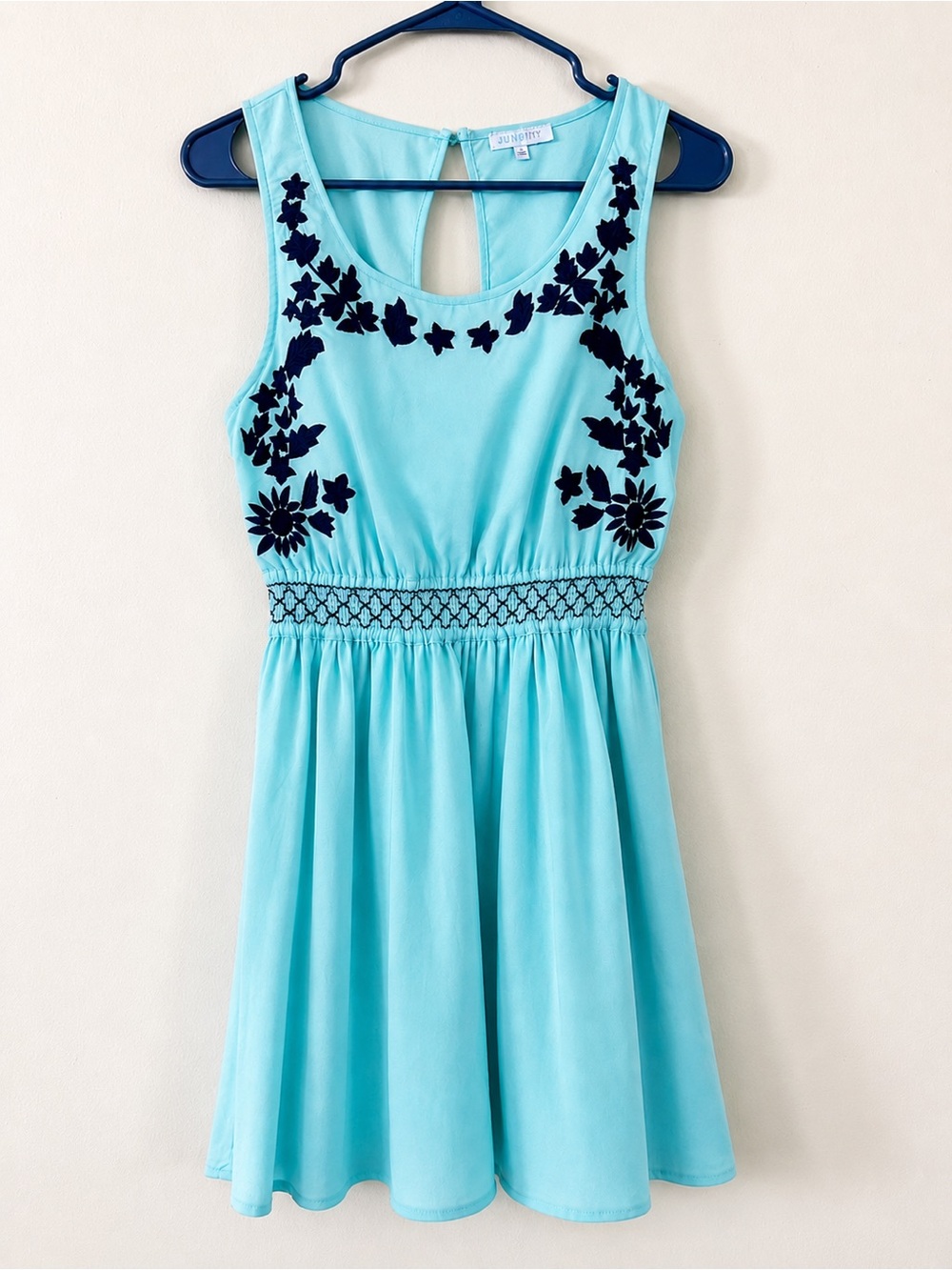 Jun & Ivy Aqua Blue & Navy Embroidered Sleeveless Dress Women’s Size 3/4 Small